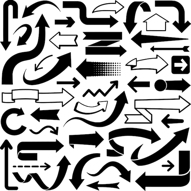 Set de flèches dessinées à la main signe noir ou élément de symbole dessin de doodle croquis noir et blanc