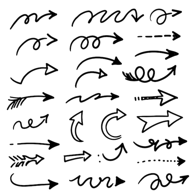 Set de flèches dessinées à la main avec des silhouettes courbes, droites, pointillées et tourbillonnantes pour une utilisation de conception créative