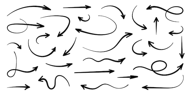 Set de flèches noires tortueuses Lignes spirales de mouvement de Doodle Flèches de pinceau de crayon pour la texture de croquis d'icône