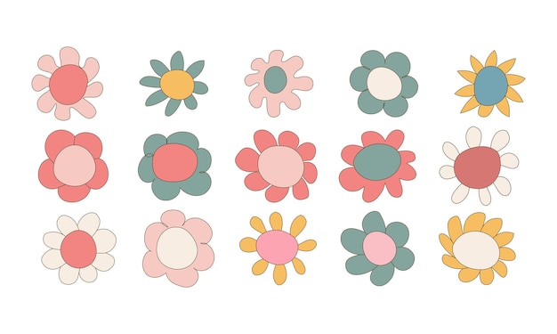 Set de fleurs de marguerite groovy hippie dessinées à la main Retro élément décoratif vintage icône fleur pastel