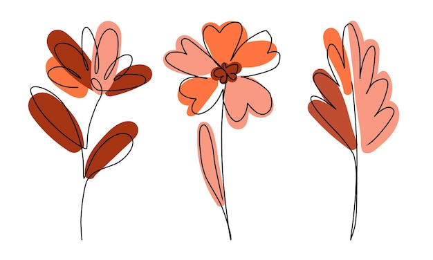 Set de fleurs minimal Vector One Line Isolé sur un dessin floral linéaire blanc Décor de mariage de contour