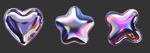 Set de formes 3D chrome y2k vectoriel étoile liquide au néon métallique futuriste autocollant en acier à cœur brillant