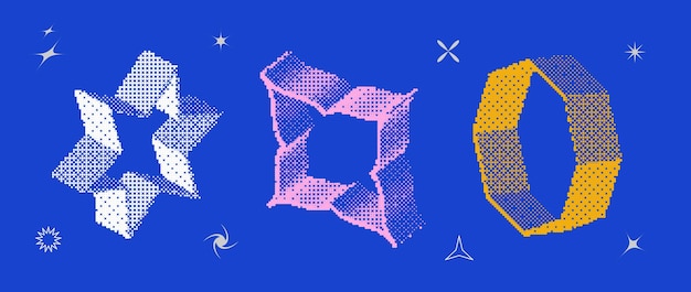 Set de formes texturées bitmap Dither collection d'objets à demi-tonnes fleurs 3D colorées étoile octogone ele