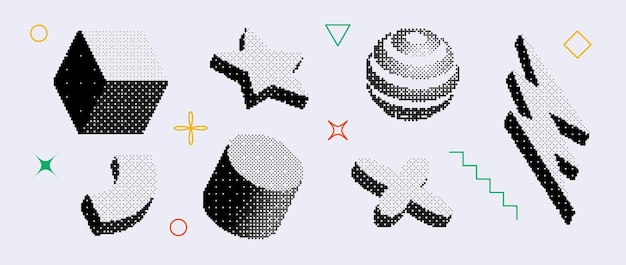 Set de formes texturées bitmap Dither collection d'objets géométriques à demi tons Cube de sphère noire Cylindre d'arc