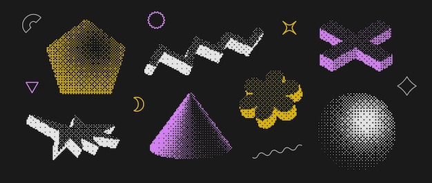 Set de formes texturées bitmap Dither collection d'objets à mi-tonne Pentagone coloré zigzag plus fleur