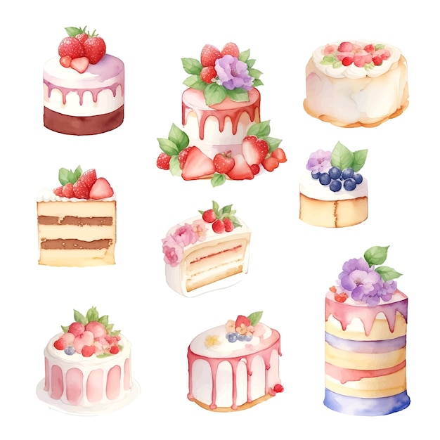 Set de gâteaux Illustration dessinée à la main à l'aquarelle isolée sur fond blanc