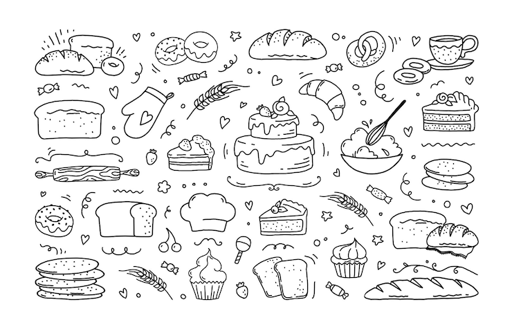 Vecteur set de griffon de boulangerie gâteau de pâtisserie sucré et biscuits éléments de typographie dessinés à la main croissants pour chefs menu gourmet ou logo logotype de confiserie illustration abstraite vectorielle