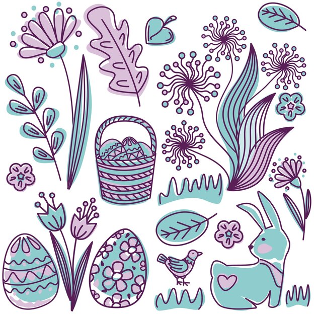 Set de griffons de Pâques avec des fleurs et des œufs Illustration vectorielle