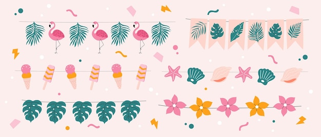 Vecteur set de guirlandes d'été dessinées à la main feuilles de palmier lumineuses et colorées fleurs de crème glacée et coquillages