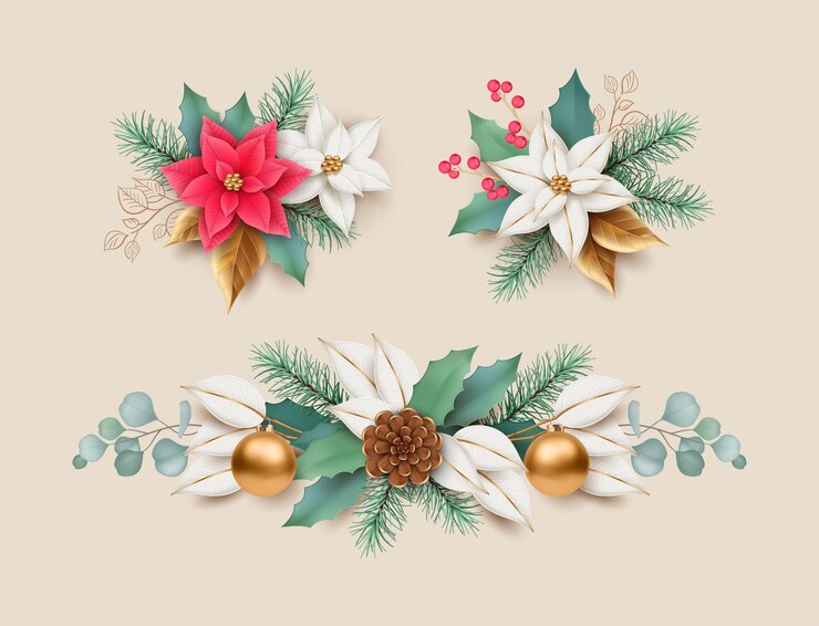 Vecteur set de guirlandes de noël de fleurs, de branches de sapin, de feuilles dorées et d'éléments décoratifs de noël