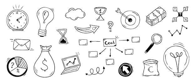 Vecteur set d'icônes d'affaires de croquis avec des éléments de succès de croissance