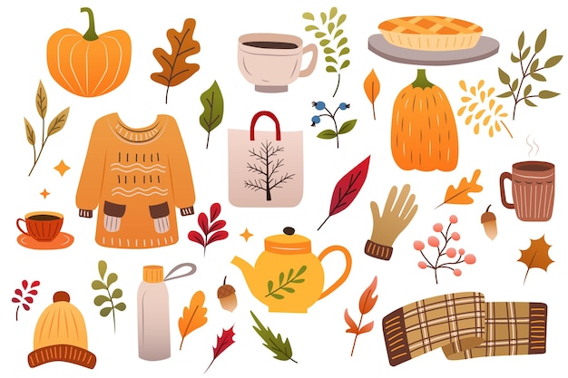 Set d'icônes d'automne Époque de l'automne Elements de griffon d'autumn Des citrouilles dessinées à la main