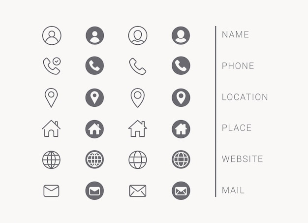 Vecteur set d'icônes de cartes de visite vector de symboles minimaux modèle d'icône de carte de visite adresse sociale des médias