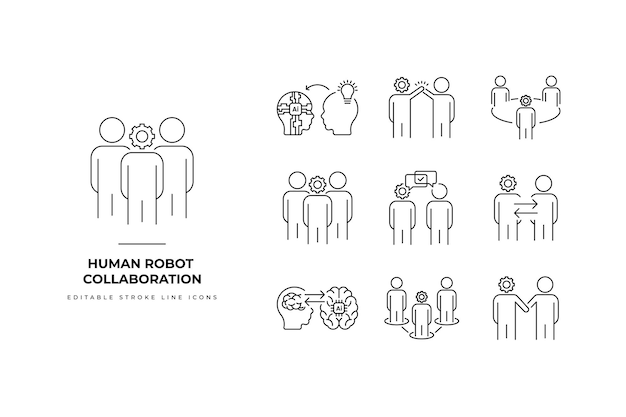 Vecteur set d'icônes de collaboration humain-robot art de ligne simple et couleurs et tailles de traits modifiables