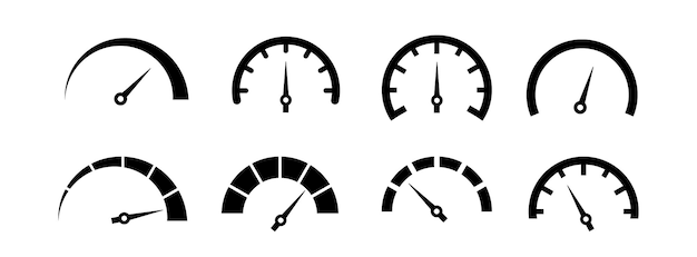 Set d'icônes de compteur de risque Concept de risque sur le compteur de vitesse Set de jauges de bas à haut Illustration vectorielle