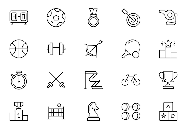 Set d'icônes de contour de sport Icons de sport Pixel parfait Contient du baseball, du basket-ball, du football et d'autres sports Illustration vectorielle