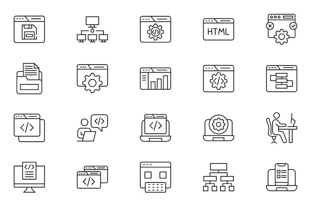Set d'icônes de contours de développement de logiciels Programmeur de calcul en nuage évaluation des bugs de données du site Web