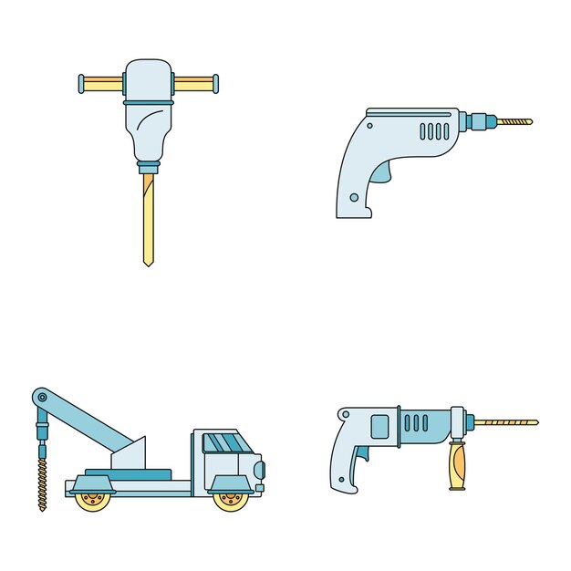 Vecteur set d'icônes électriques de plate-forme de machine de forage illustration générale de 4 icônes vectorielles électriques de machine de forage couleur ligne mince plate sur blanc