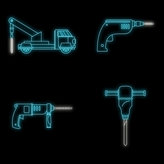 Set d'icônes électriques de plate-forme de machine de forage Illustration générale de 4 icônes vectorielles électriques de machine de perçage couleur néon sur noir