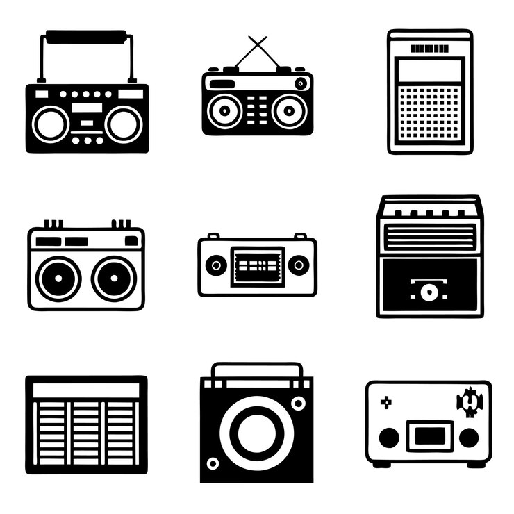 Vecteur set d'icônes d'équipements stéréo et de radio vintage