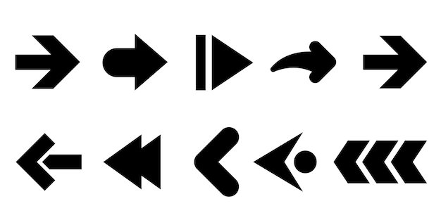 Set d'icônes de flèches noires dans différentes directions et styles sur un fond blanc