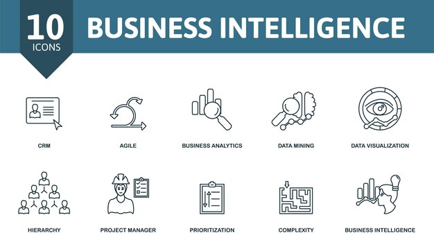 Set d'icônes d'intelligence d'affaires Collection d'éléments simples tels que le crm analyse d'affaires agile exploitation de données complexité gestionnaire de projet intelligence d'affaires