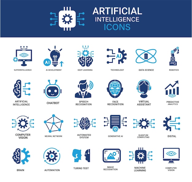 Set d'icônes d'intelligence artificielle contenant une science des données d'apprentissage automatique et un assistant virtuel d'IA
