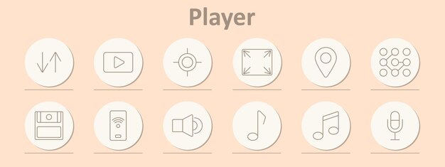 Set d'icônes de lecteur Jouer télécharger bloquer arrêter aller en arrière aller en avant enregistrer retourner en arrière plein écran emplacement musique note haut-parleur microphone Icones de ligne sur fond beige