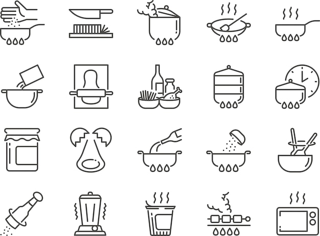 Vecteur set d'icônes de ligne de cuisson comprend des icônes comme la cuisine cuire faire bouillir bbq frire ragoût et plus
