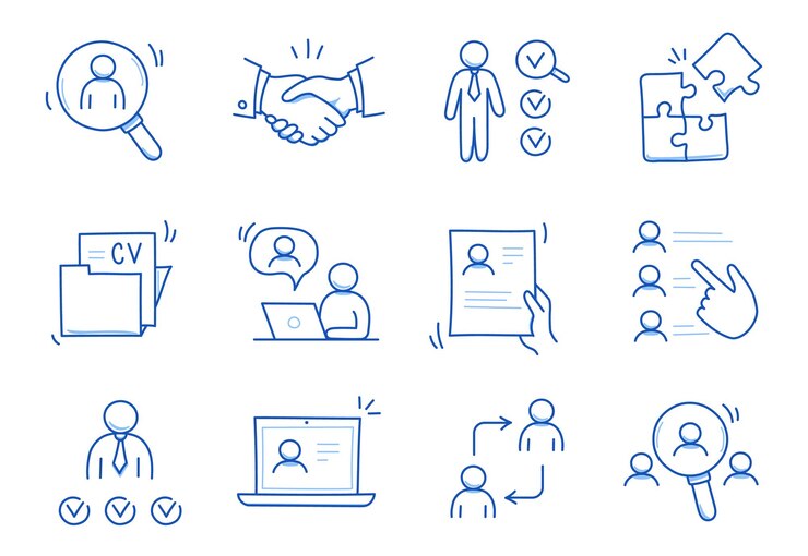 Vecteur set d'icônes de lignes de doodle recherche d'emplois d'affaires recherche d'employés de style dessiné à la main