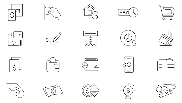 Set d'icônes de lignes de paiement Les paiements d'affaires et de finances Collecte d'argent Banque de cartes de crédit Icon Pack