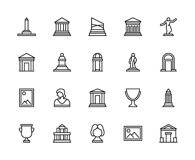 Vecteur set d'icônes linéaires vectorielles du musée icons du musée de l'architecture des monuments sculptures et plus encore