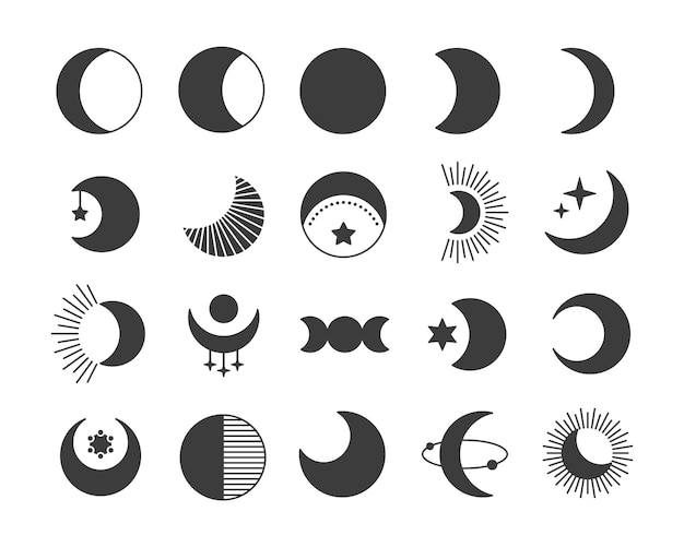 Set d'icônes de la lune dans le style plat noir
