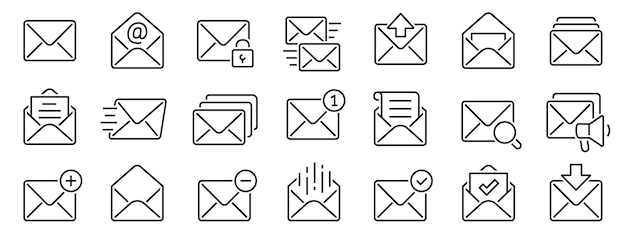Set d'icônes de messagerie Set simple d'images e-mail et SMS Enveloppes de grand style de ligne de collecte Contour d'envelopes fermées et ouvertes avec des lettres Vector de stock