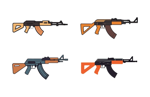 Vecteur set d'icônes de la mitrailleuse kalashnikov ak-47 set d'illustrations du fusil automatique ak-47 set de vecteurs de fusil ak-47