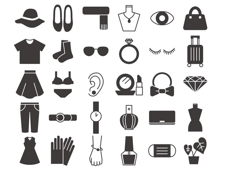 Vecteur set d'icônes de mode illustration en noir et blanc accessoires de vêtements cosmétiques, etc.