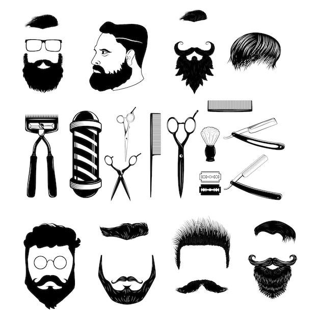 Set d'icônes monochromes vintage de barbier et d'éléments de conception isolés sur un fond blanc
