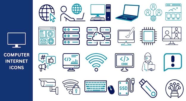 Set d'icônes d'ordinateur Icon de collection de données de conception de sites Web de réseau d'ordinateurs en ligne