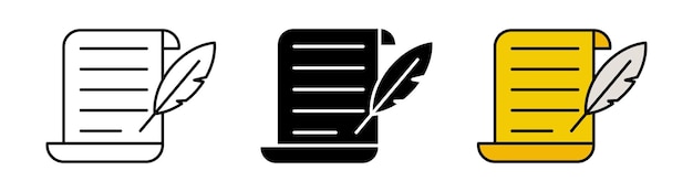 Set d'icônes de papier à stylo et à parchemin, signe d'écriture, symbole, design à la mode et moderne