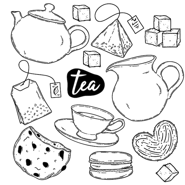 Vecteur set d'icônes de pause de thé cookies de dessert illustration vectorielle de la tasse de thé et de la coupe de sucre