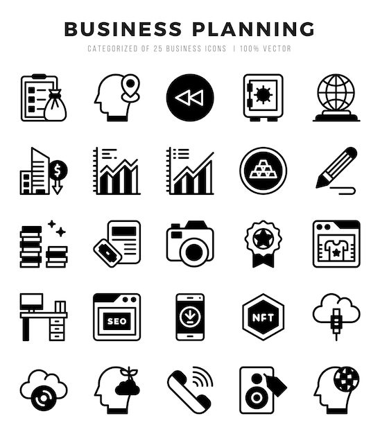 Set d'icônes de planification d'affaires Collection d'iconiques Web linéaires simples remplies