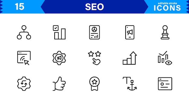 Set d'icônes présentant l'optimisation des moteurs de recherche, les mots-clés, l'analyse SEO, le classement et les concepts de trafic dans un style vectoriel professionnel propre
