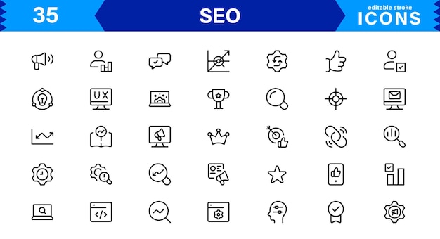 Set d'icônes présentant l'optimisation des moteurs de recherche, les mots-clés, l'analyse SEO, le classement et les concepts de trafic dans un style vectoriel professionnel propre