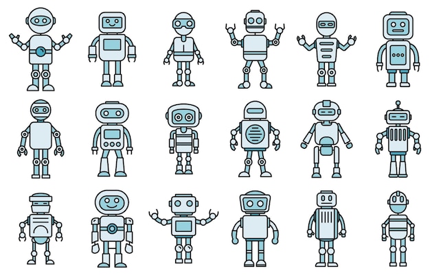 Set d'icônes de robots humanoïdes Set de vecteurs de robots humanoïde Set de couleurs à ligne mince à plat sur blanc