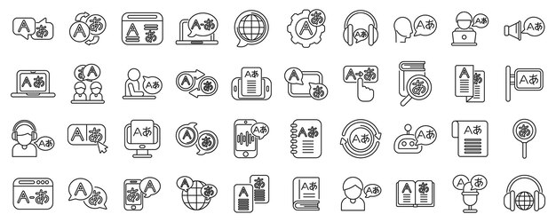 Set d'icônes de services de traduction linguistique Icons d'apprentissage linguistique avec interprétation de la traduction et échange de langues