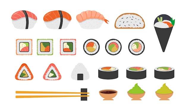 Set D'icônes De Sushi Collection Vectorielle De Divers Rouleaux De Sushi Sashimi Avec Crevettes Saumon Et Thon Gunkan Cuisine Japonaise Nourriture Traditionnelle Nourriture Asiatique Rouleau Avec Poisson Légumes Et Fromage