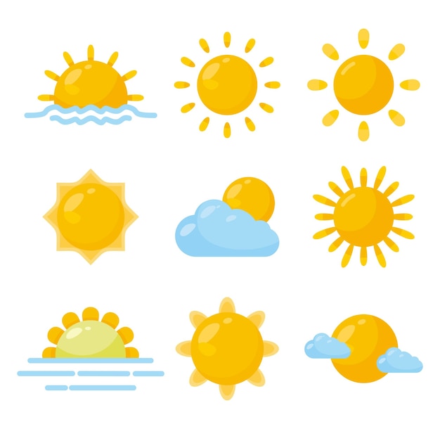 Set d'icônes symboliques du soleil dessinées à la main Illustration vectorielle