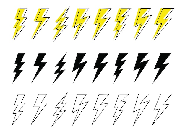 Set d'icônes Thunderbolt Flat style Lightning Bolt Set d' icônes noires contournées et de couleur jaune