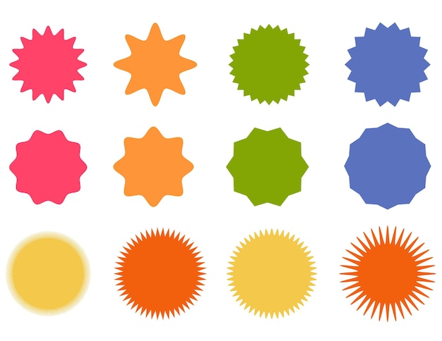 Set d'icônes vectorielles d'étoiles d'éclat de soleil colorées sur blanc Étiquettes simples de style plat vintage autocollants