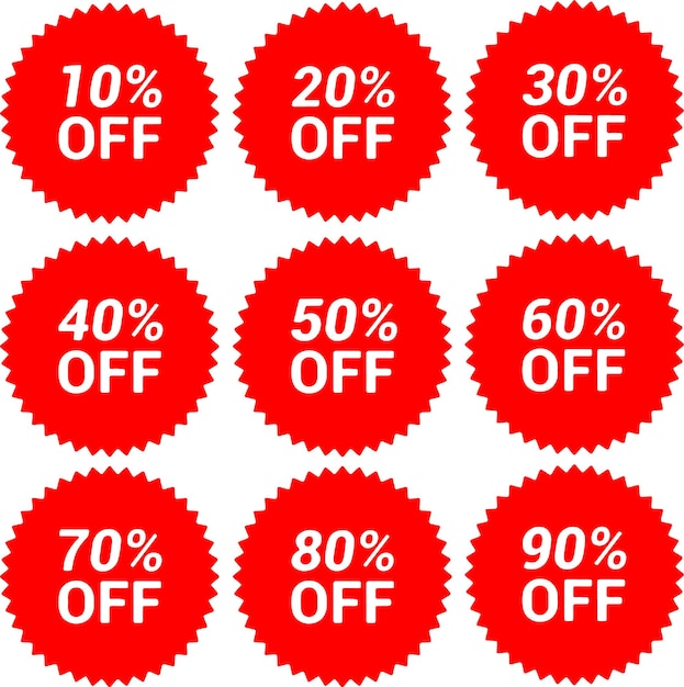 Set d'icônes de vente remise promotionnelle pourcentage de réduction étiquette d'étiquette coupon bouton bannière rouge ve